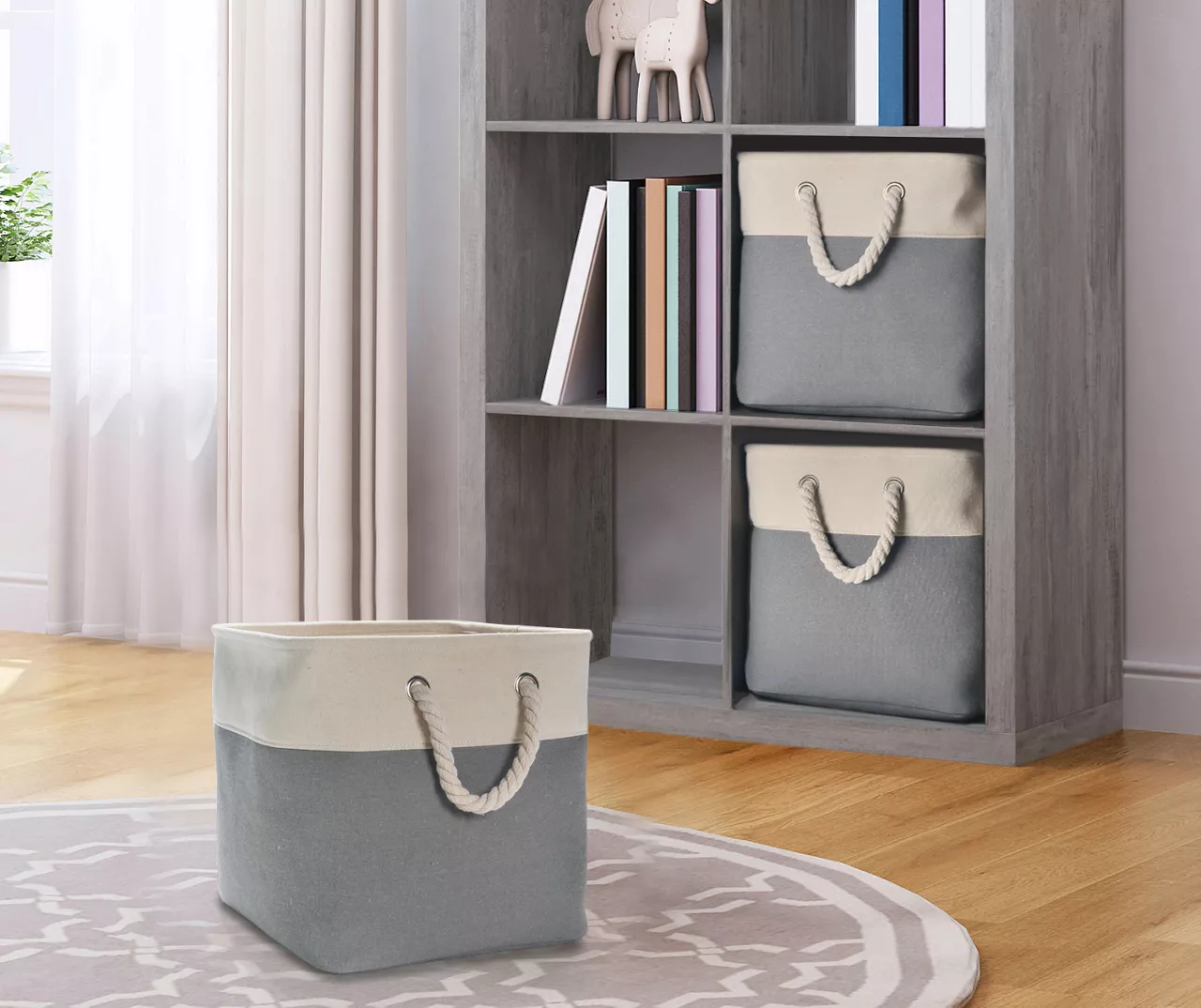 Gray & Cream Fabric Storage Bin With Rope Handles - Image 3