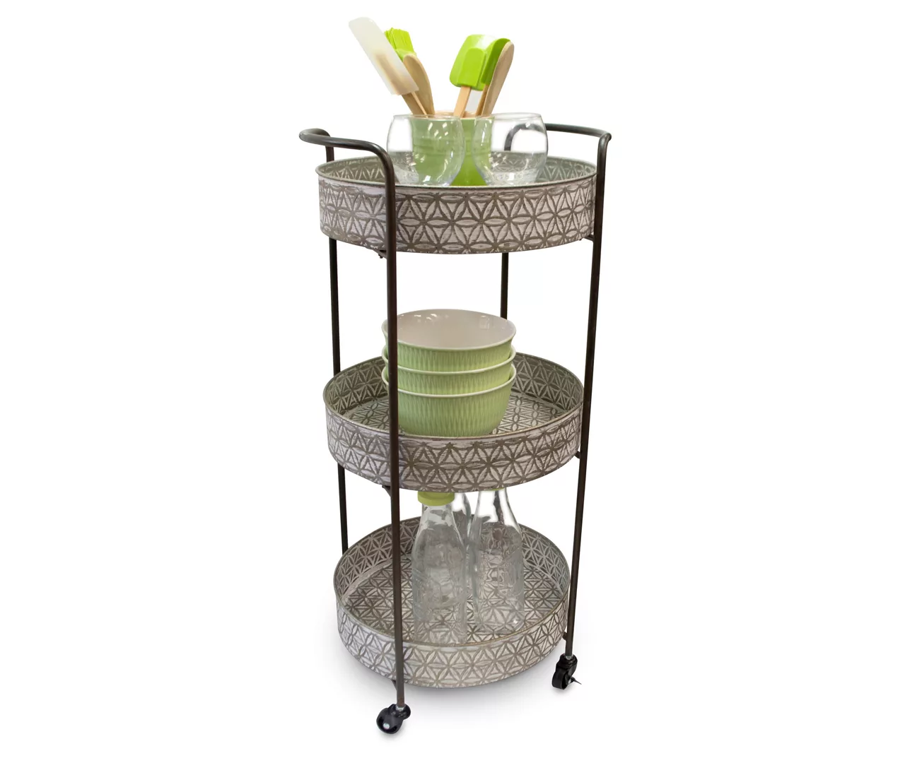 Whitewash Round Metal Tray 3-Tier Rolling Cart - Image 2
