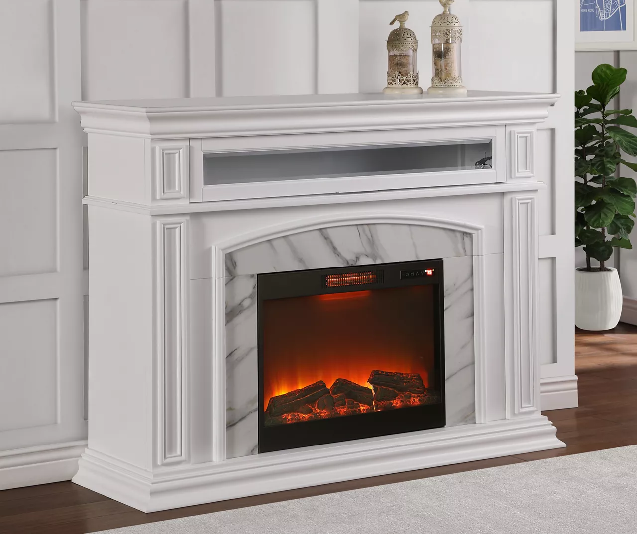 62" Grand White Faux Marble Electric Fireplace - Image 4