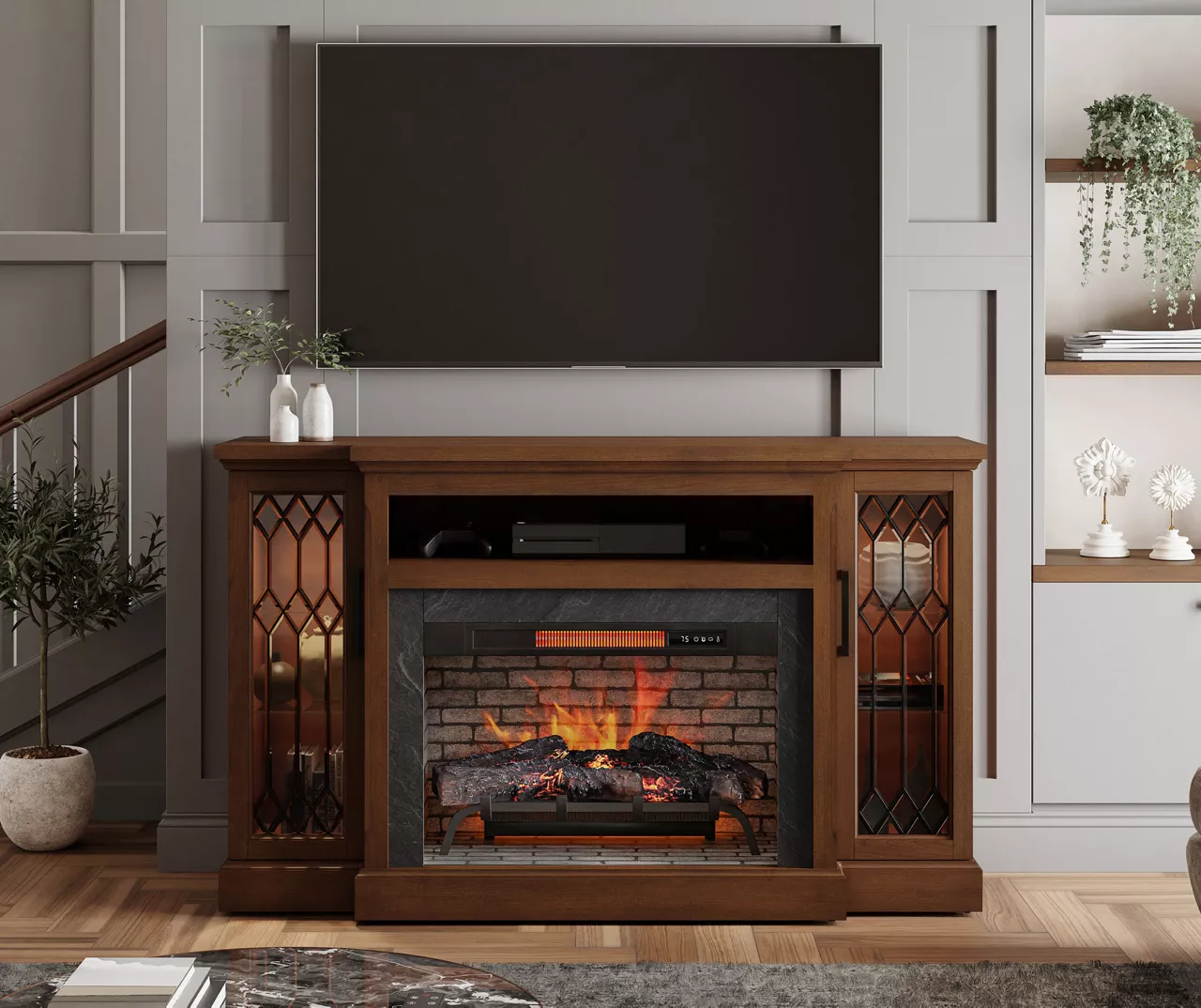 66" Heirloom Cherry Electric Fireplace Console - Image 3