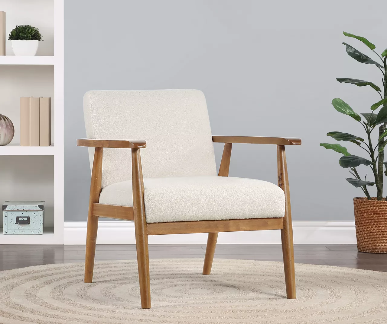 Cream Boucle & Wood Accent Chair - Image 2