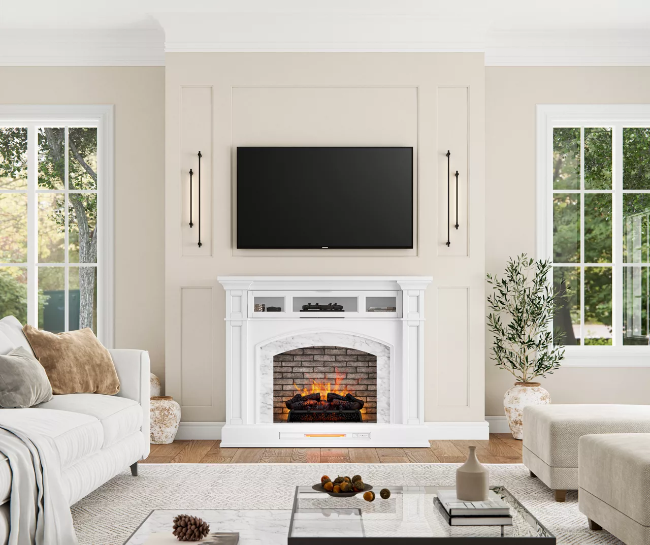 62" White Marble Grand Electric Fireplace Console - Image 3