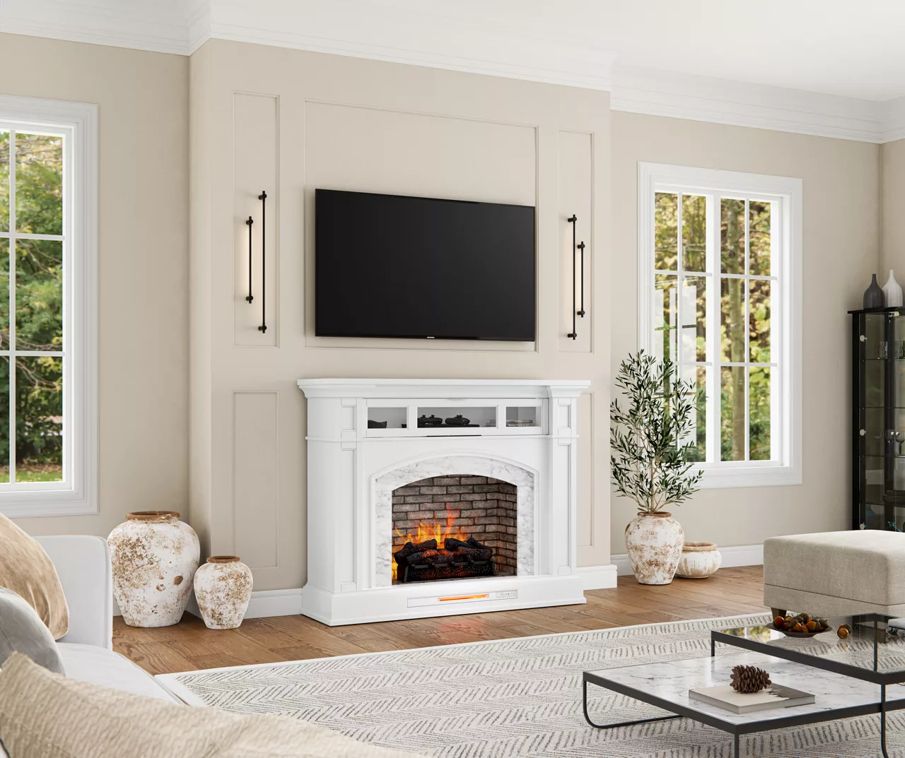 62" White Marble Grand Electric Fireplace Console - Image 4