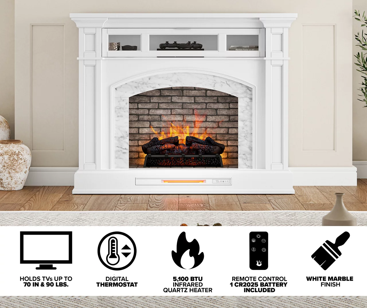 62" White Marble Grand Electric Fireplace Console - Image 5