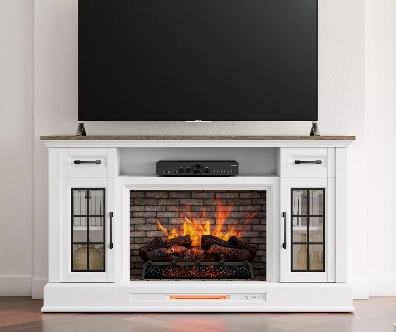 60" White 2-Door Electric Fireplace Console - Image 2