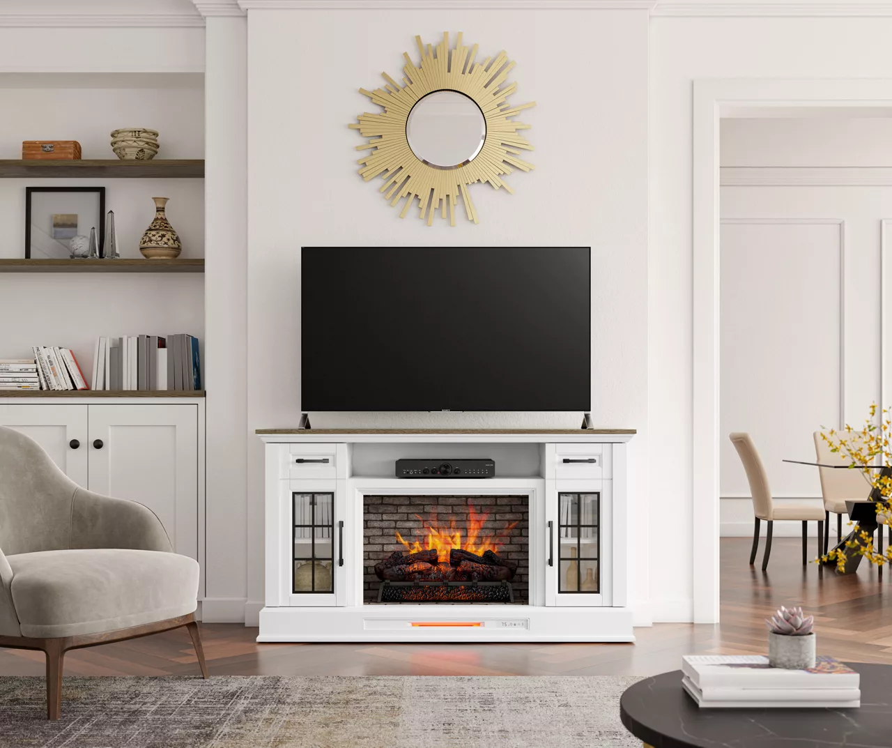 60" White 2-Door Electric Fireplace Console - Image 3