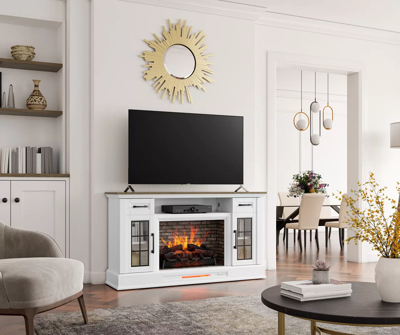 60" White 2-Door Electric Fireplace Console - Image 4