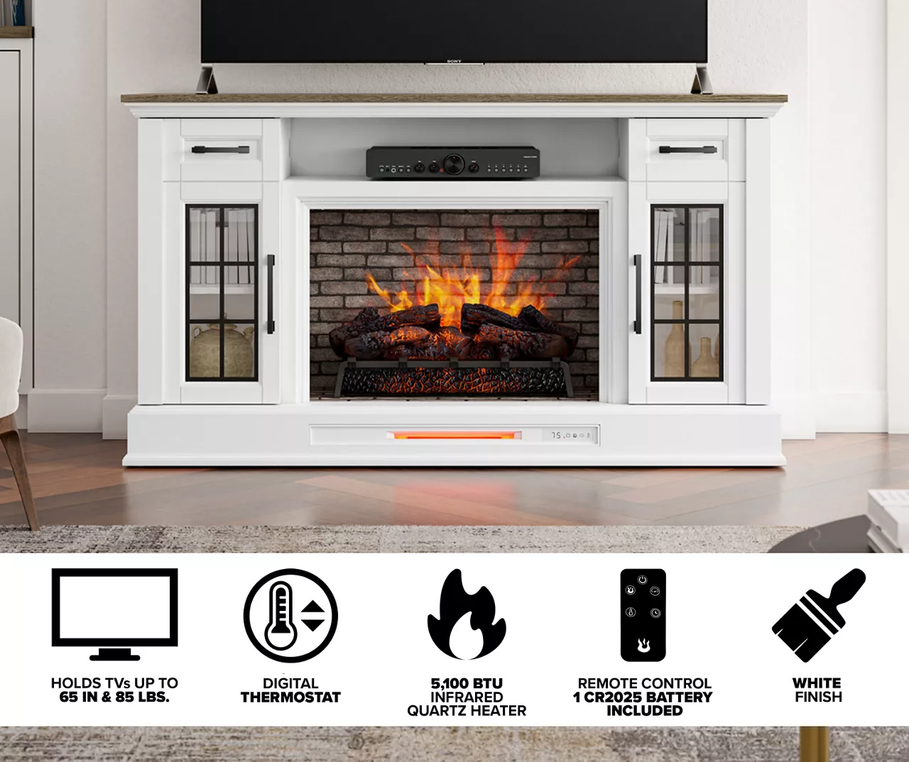 60" White 2-Door Electric Fireplace Console - Image 5