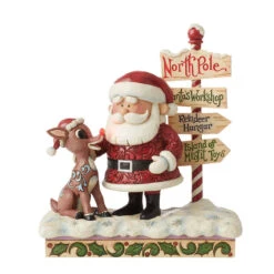 Enesco Jim Shore Rudolph, Santa And North Pole Sign Figurine, 7.68"